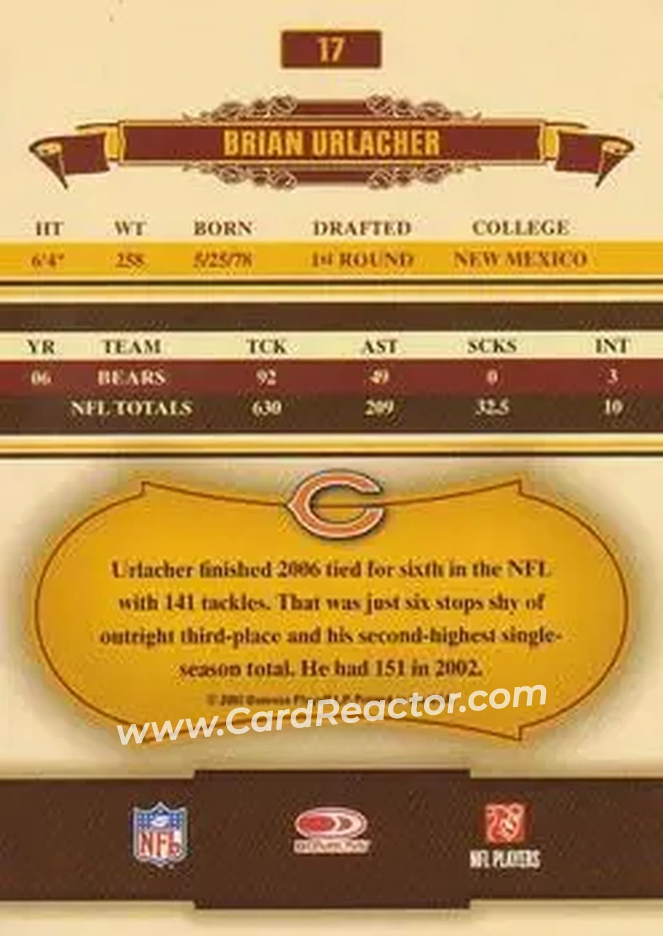 2007 Donruss Classics #17 - Brian Urlacher - Chicago Bears - Back