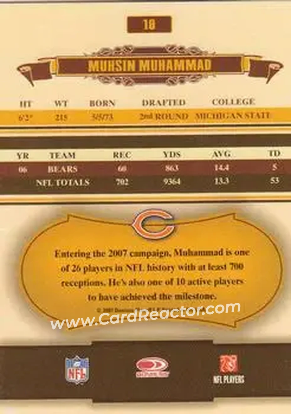 2007 Donruss Classics #18 - Muhsin Muhammad - Chicago Bears - Back