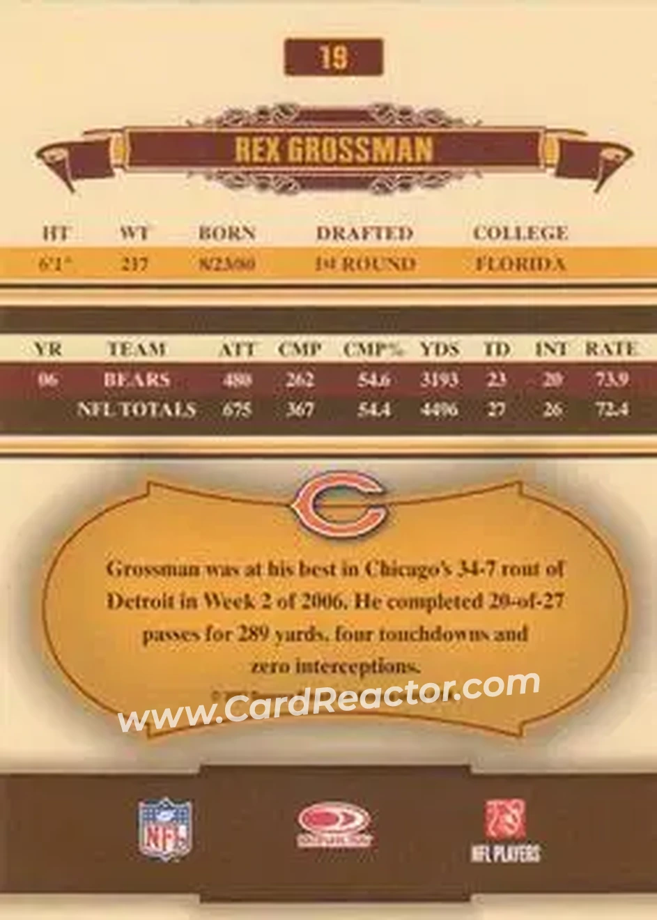 2007 Donruss Classics #19 - Rex Grossman - Chicago Bears - Back