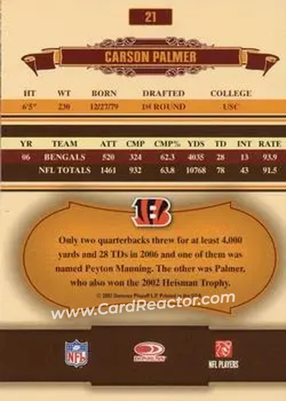 2007 Donruss Classics #21 - Carson Palmer - Cincinnati Bengals - Back