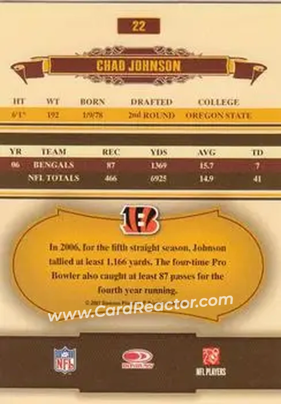 2007 Donruss Classics #22 - Chad Ochocinco - Cincinnati Bengals - Back