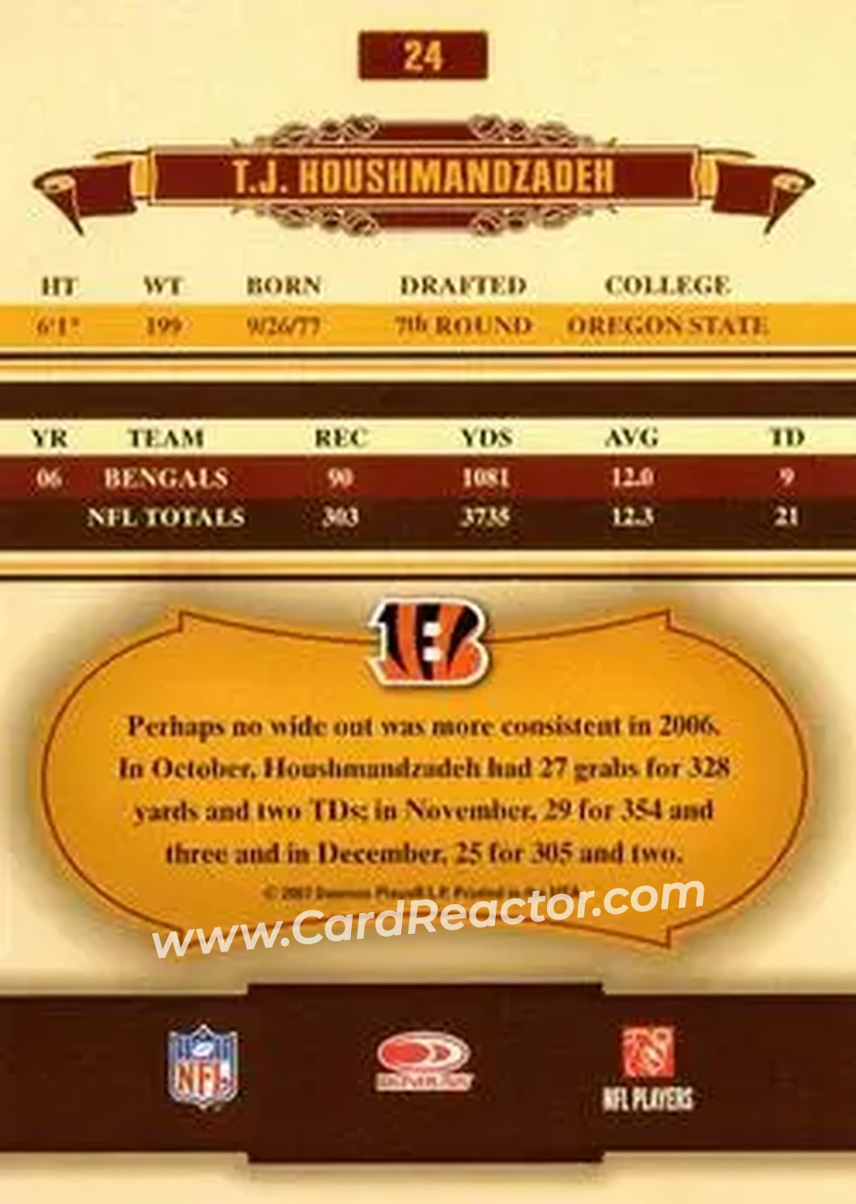 2007 Donruss Classics #24 - T.J. Houshmandzadeh - Cincinnati Bengals - Back 2007 Donruss Classics #24 - T.J. Houshmandzadeh - Cincinnati Bengals - Back