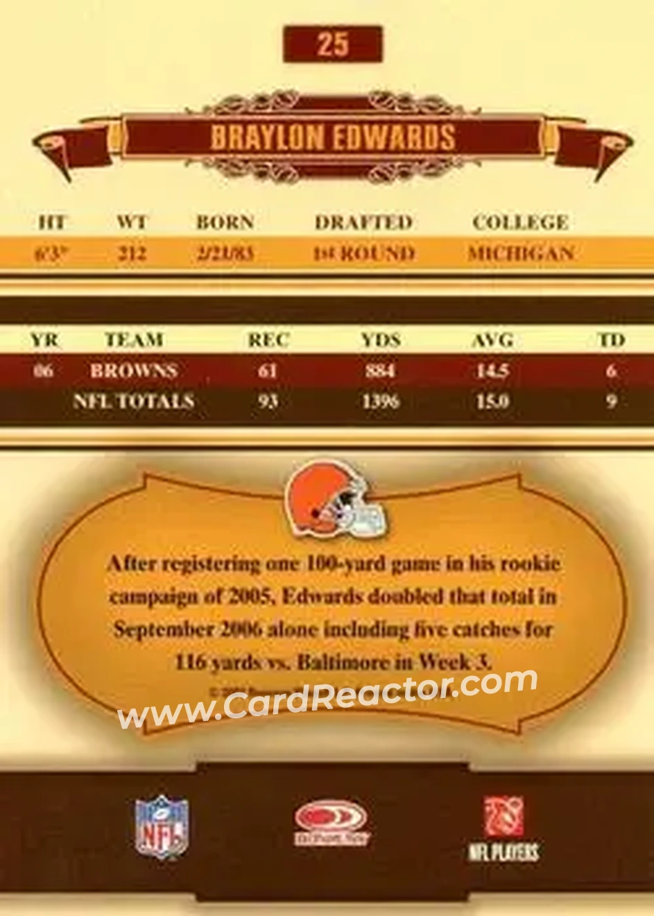 2007 Donruss Classics #25 - Braylon Edwards - Cleveland Browns - Back