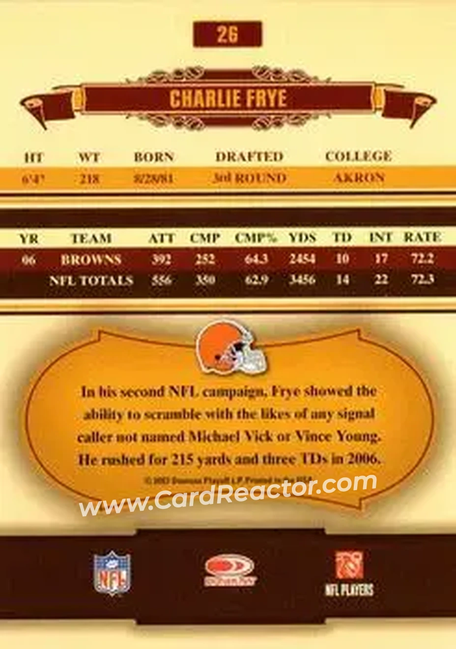 2007 Donruss Classics #26 - Charlie Frye - Cleveland Browns - Back