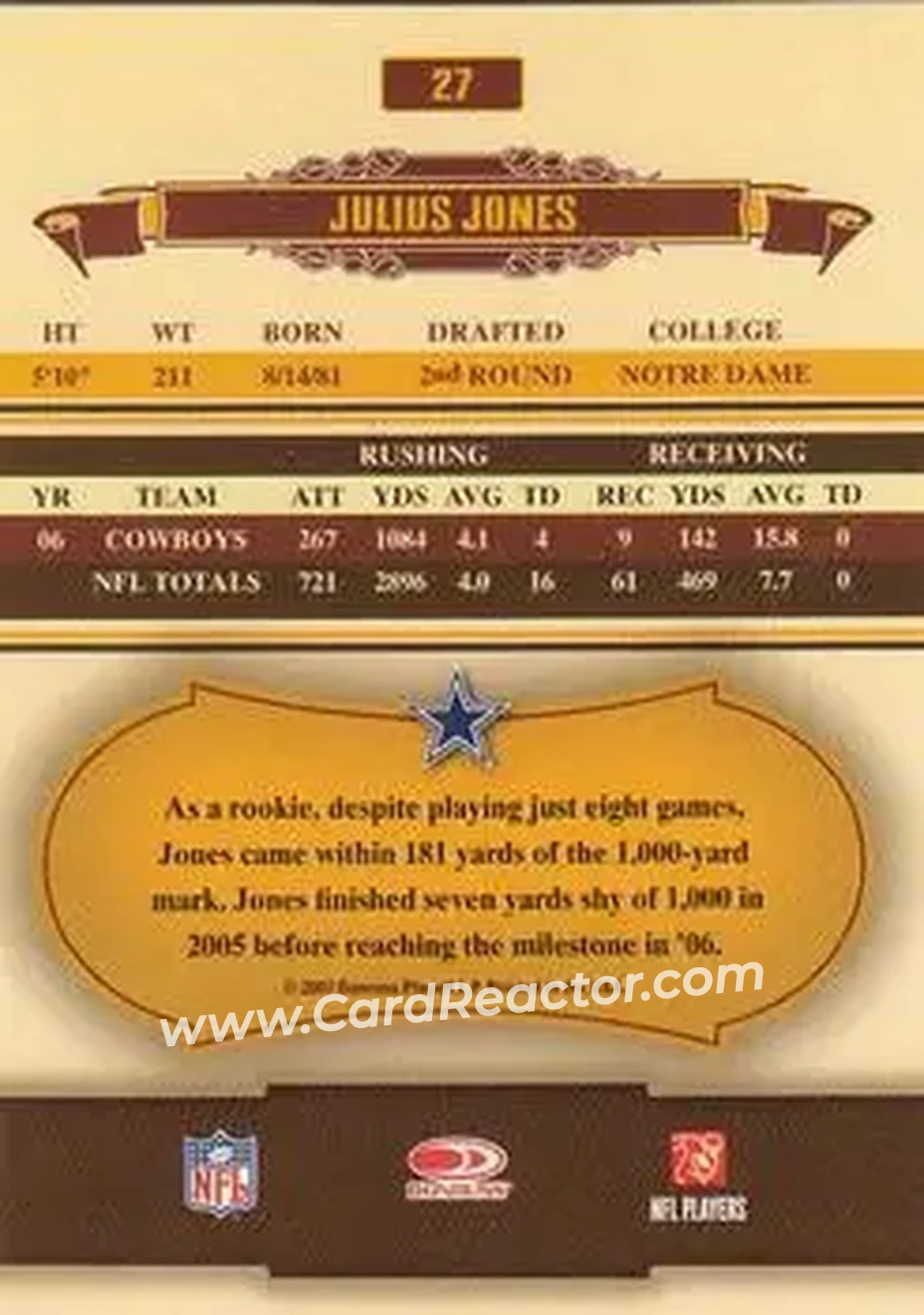 2007 Donruss Classics #27 - Julius Jones - Dallas Cowboys - Back