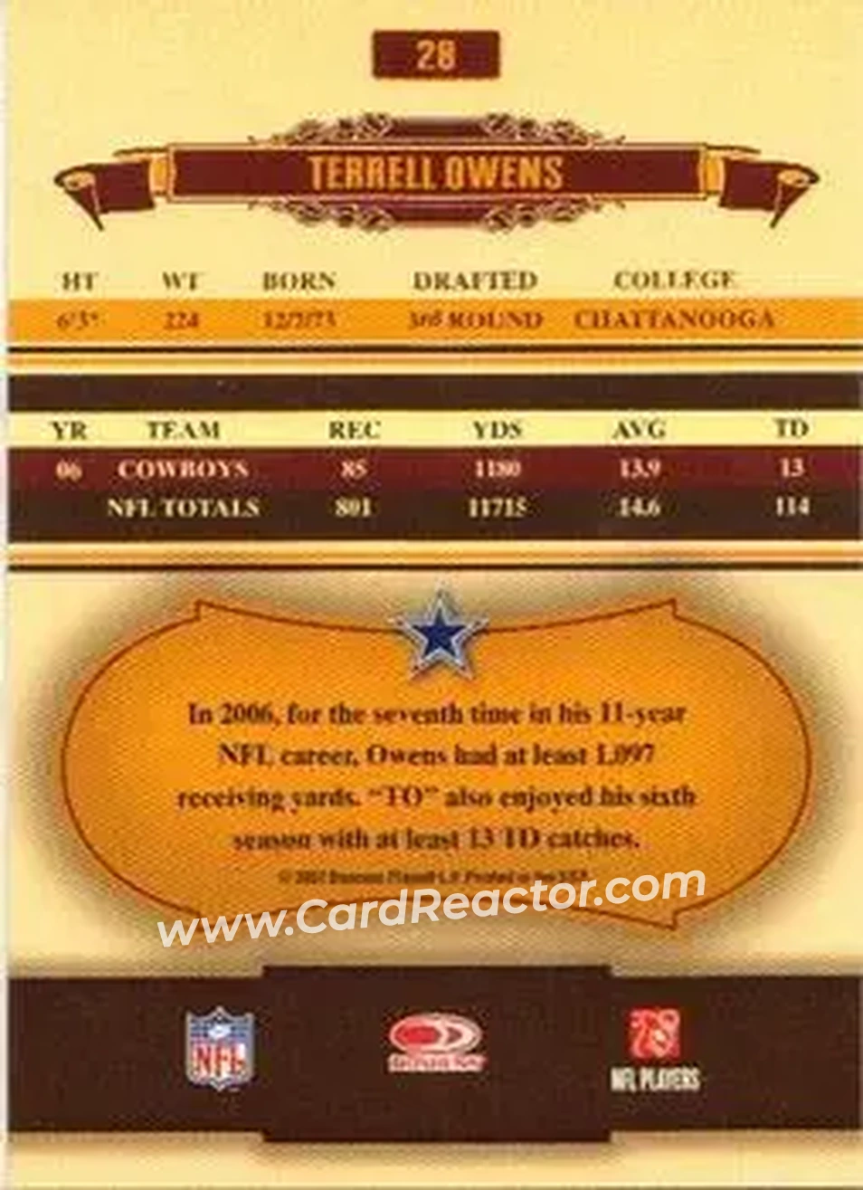 2007 Donruss Classics #28 - Terrell Owens - Dallas Cowboys - Back