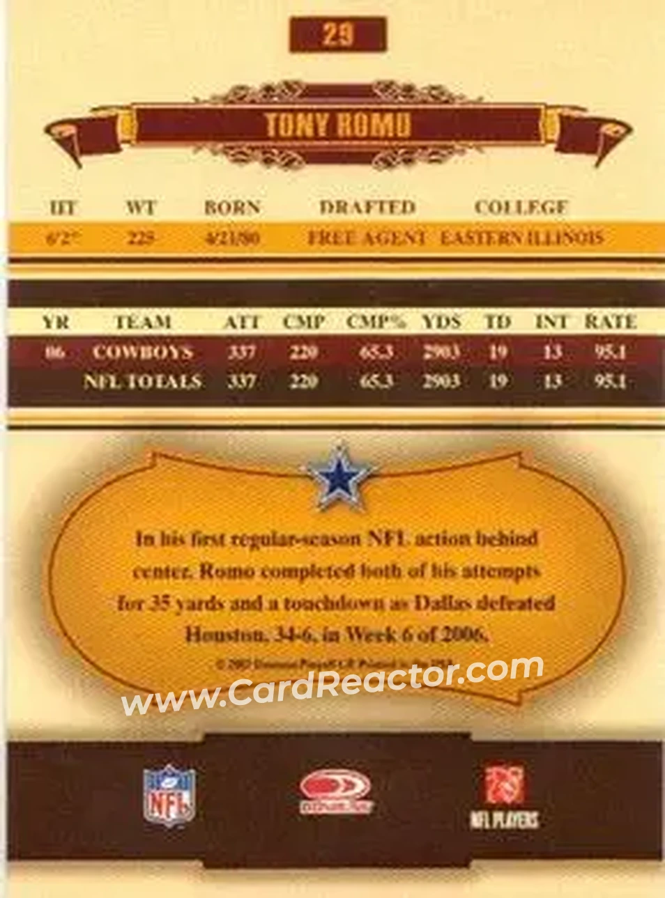 2007 Donruss Classics #29 - Tony Romo - Dallas Cowboys - Back