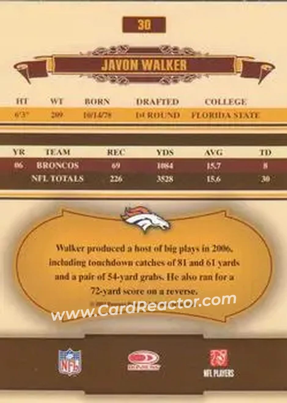 2007 Donruss Classics #30 - Javon Walker - Denver Broncos - Back