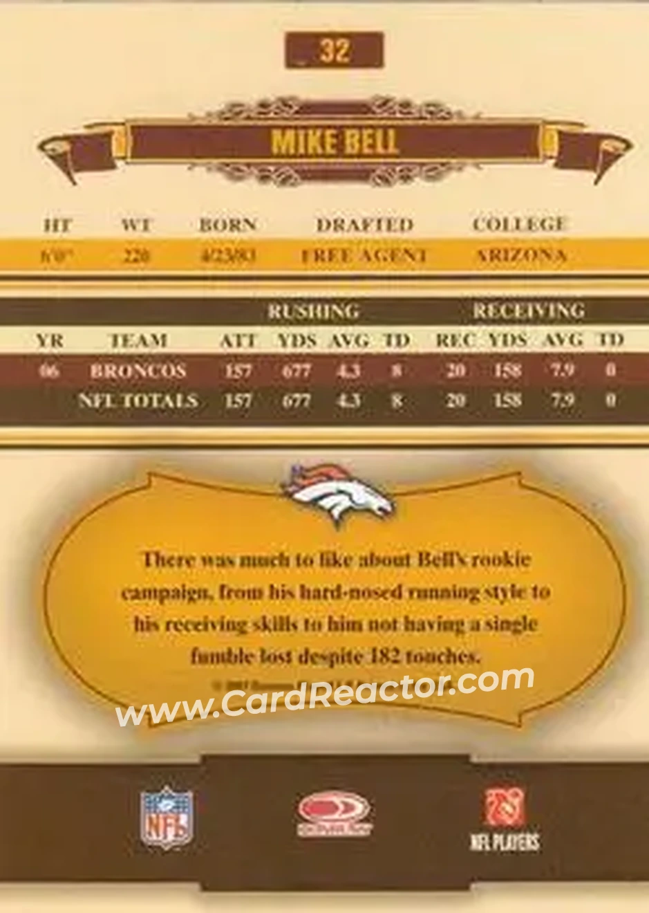 2007 Donruss Classics #32 - Mike Bell - Denver Broncos - Back