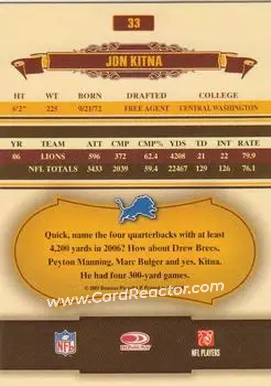 2007 Donruss Classics #33 - Jon Kitna - Detroit Lions - Back
