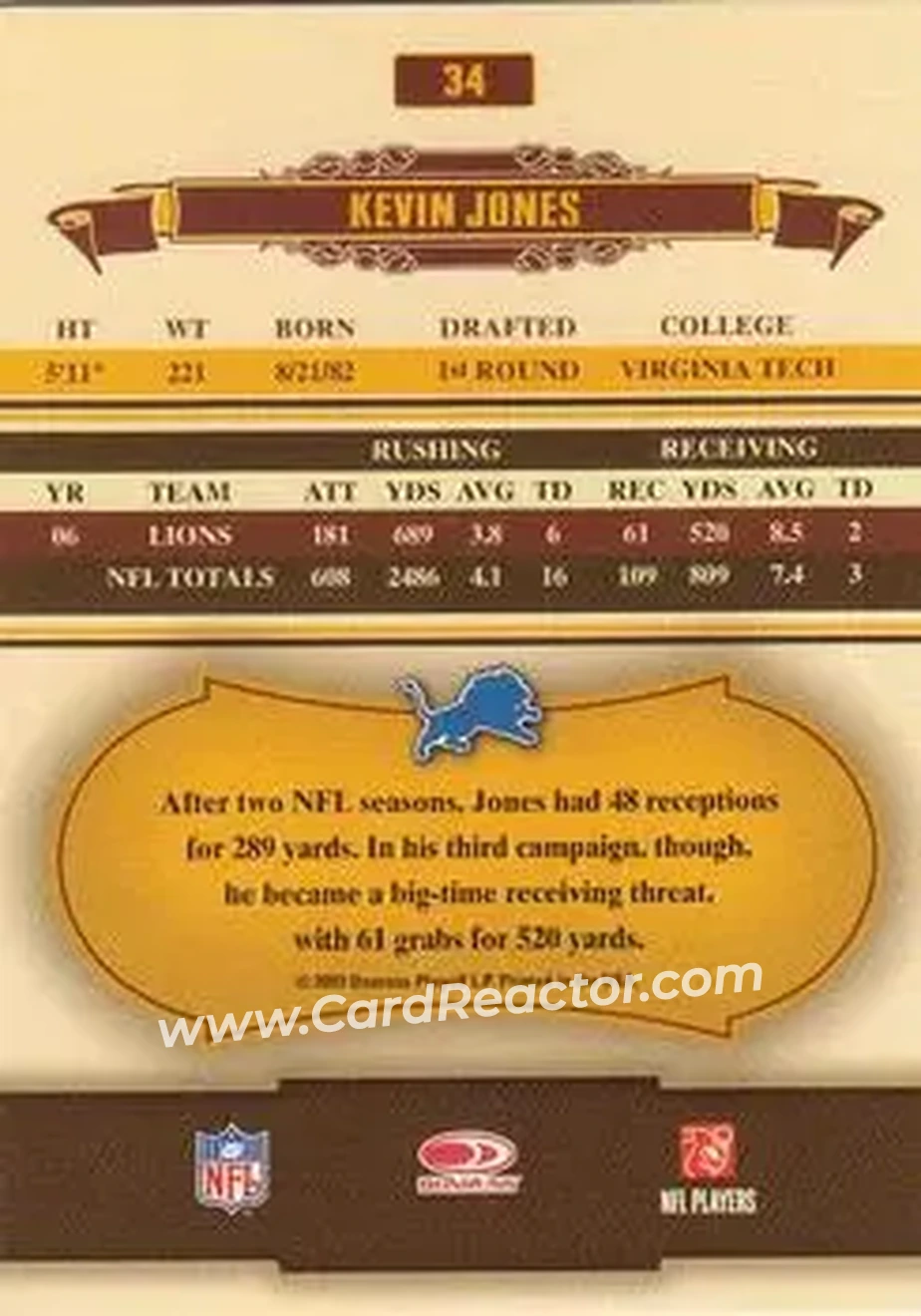 2007 Donruss Classics #34 - Kevin Jones - Detroit Lions - Back