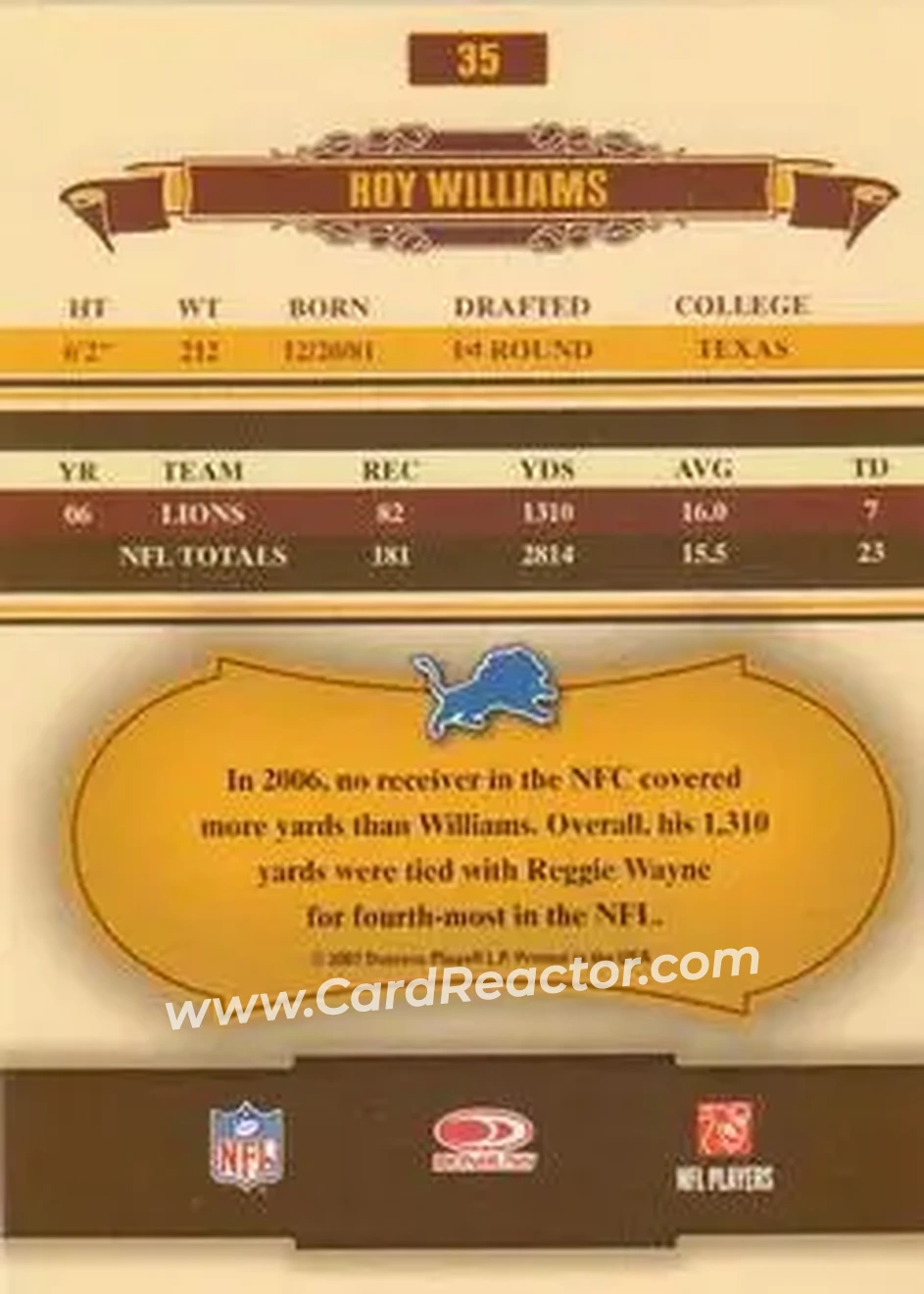 2007 Donruss Classics #35 - Roy Williams - Detroit Lions - Back