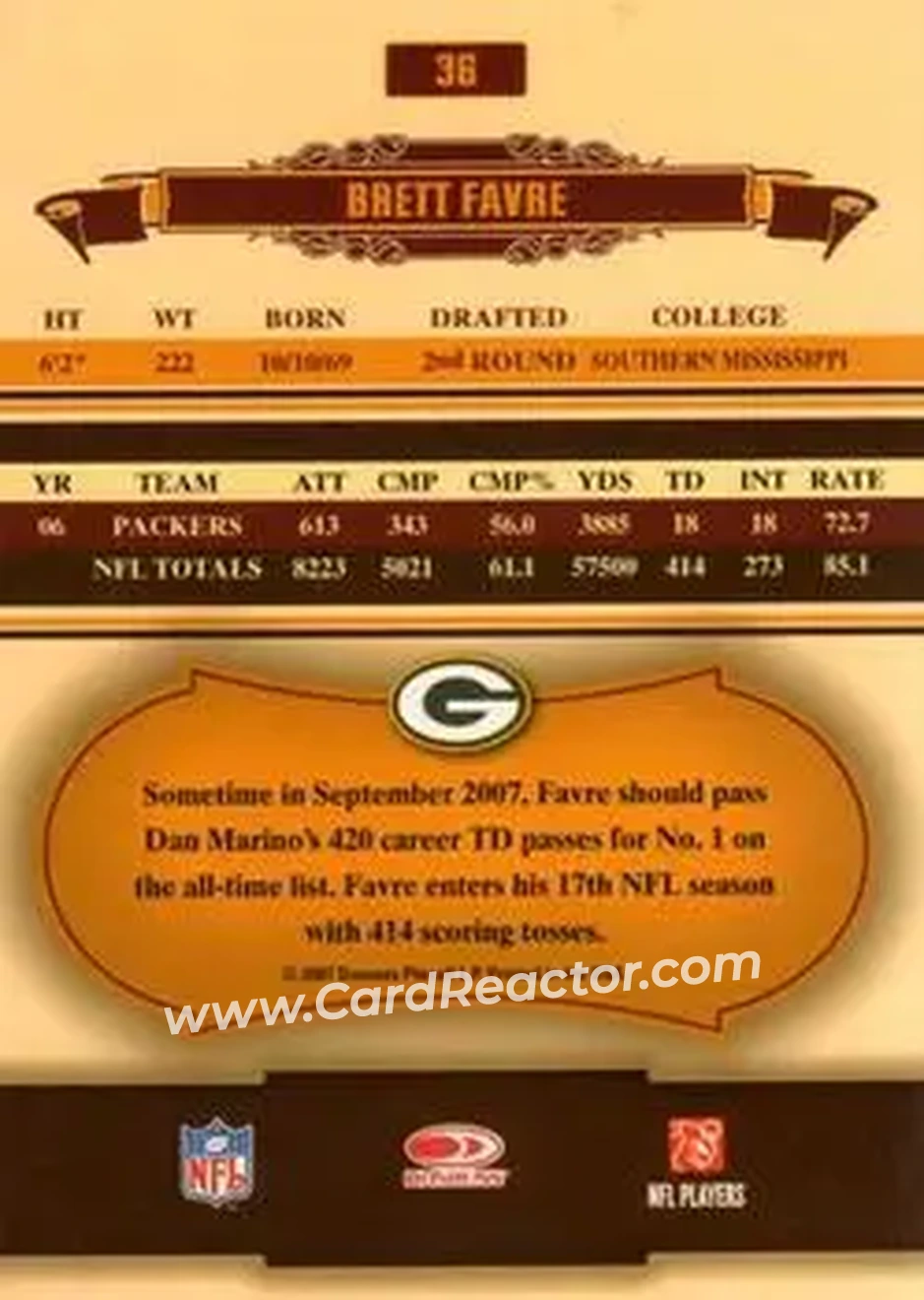 2007 Donruss Classics #36 - Brett Favre - Green Bay Packers - Back