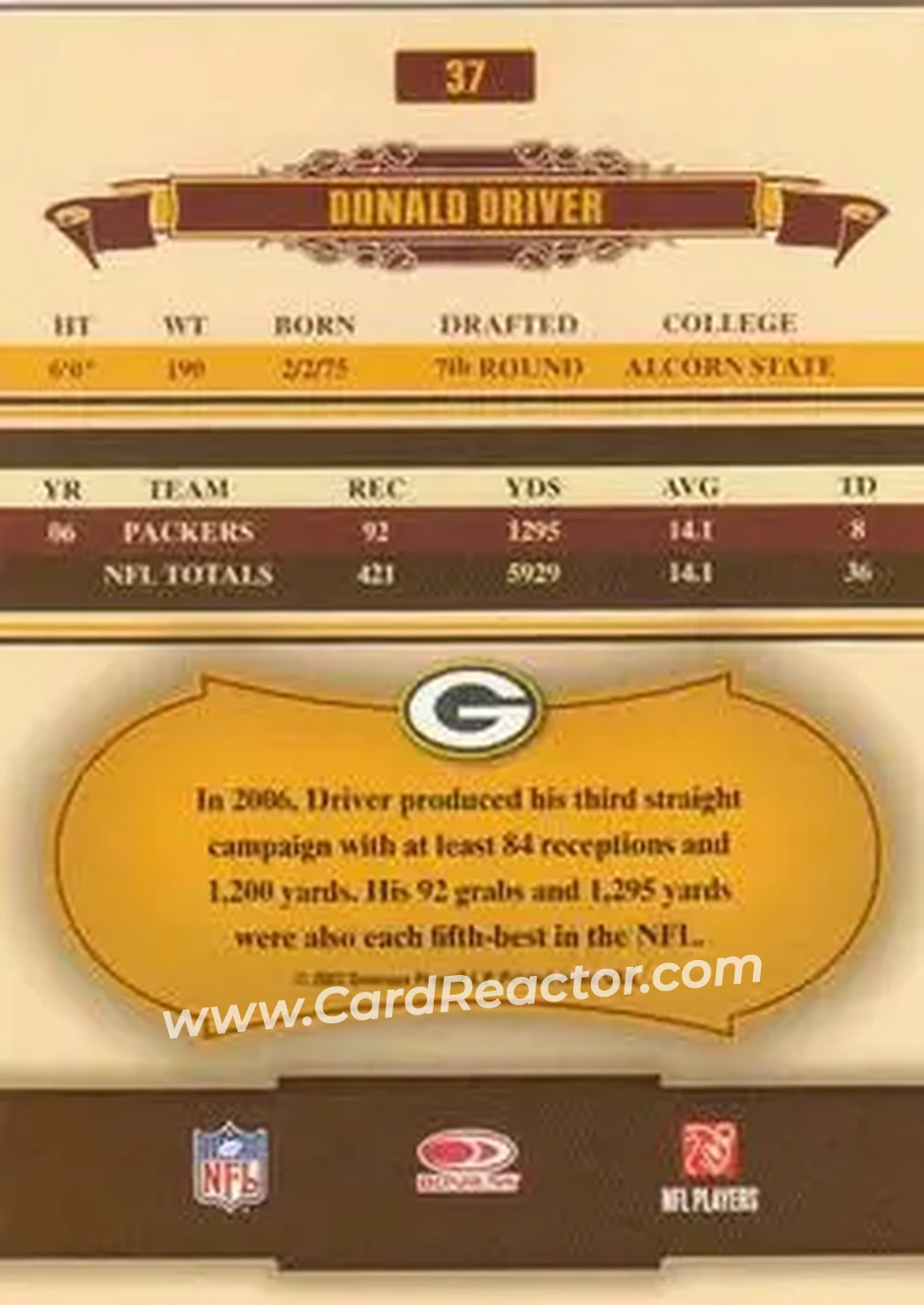2007 Donruss Classics #37 - Donald Driver - Green Bay Packers - Back