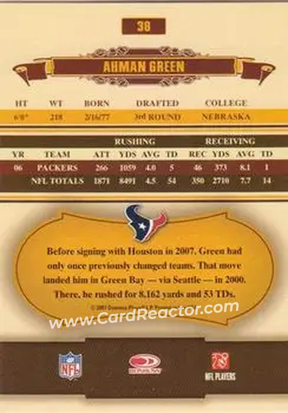 2007 Donruss Classics #38 - Ahman Green - Houston Texans - Back
