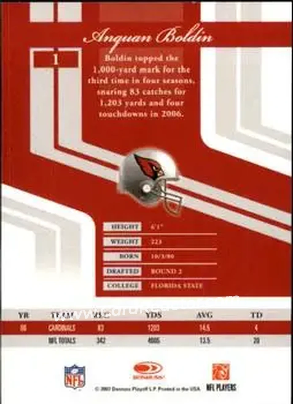 2007 Donruss Elite #1 - Anquan Boldin - Arizona Cardinals - Back