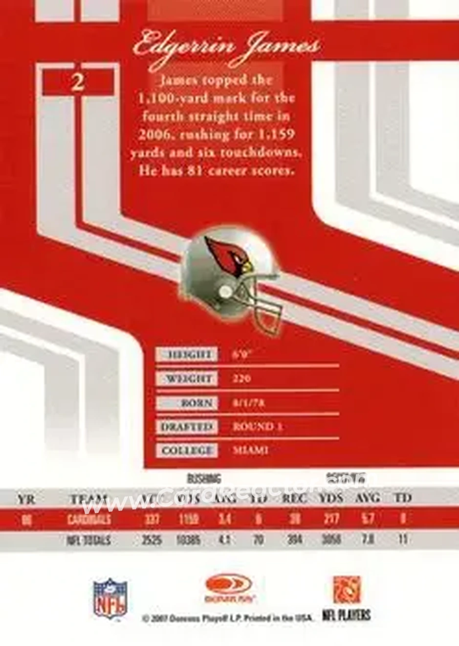 2007 Donruss Elite #2 - Edgerrin James - Arizona Cardinals - Back