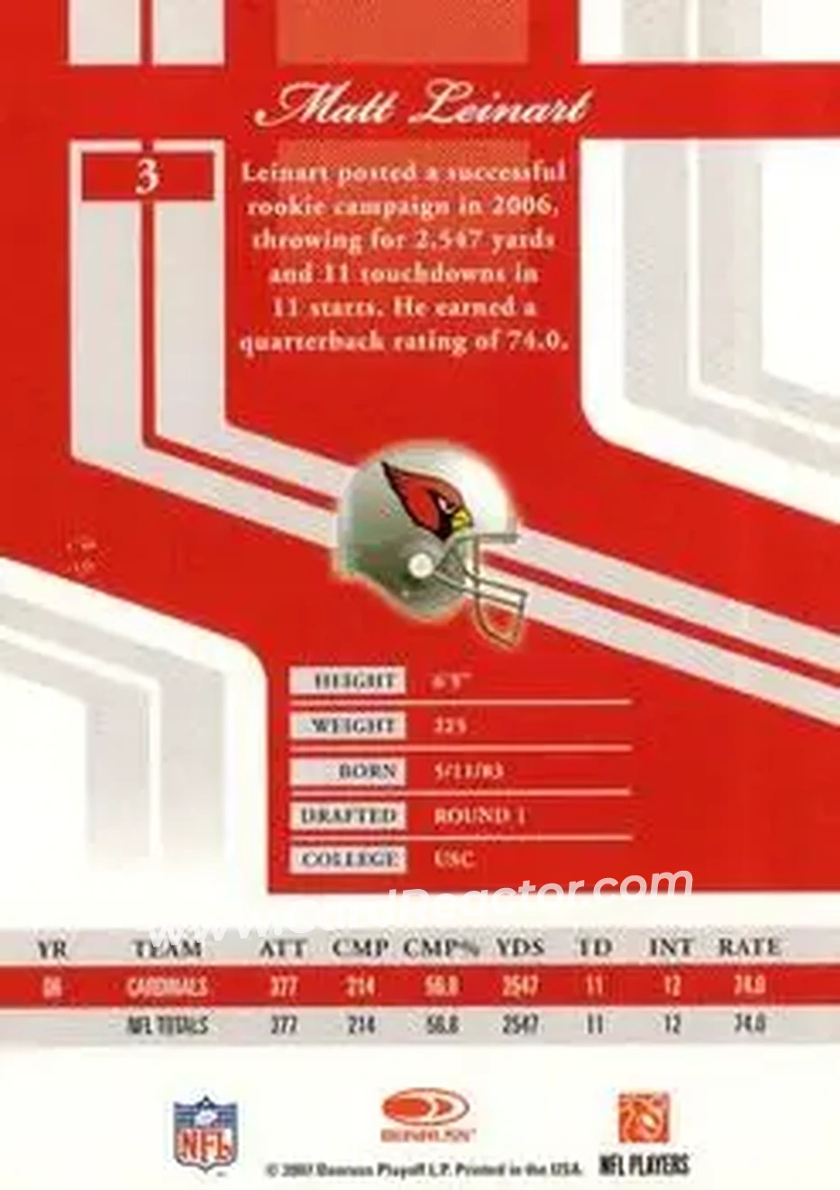 2007 Donruss Elite #3 - Matt Leinart - Arizona Cardinals - Back