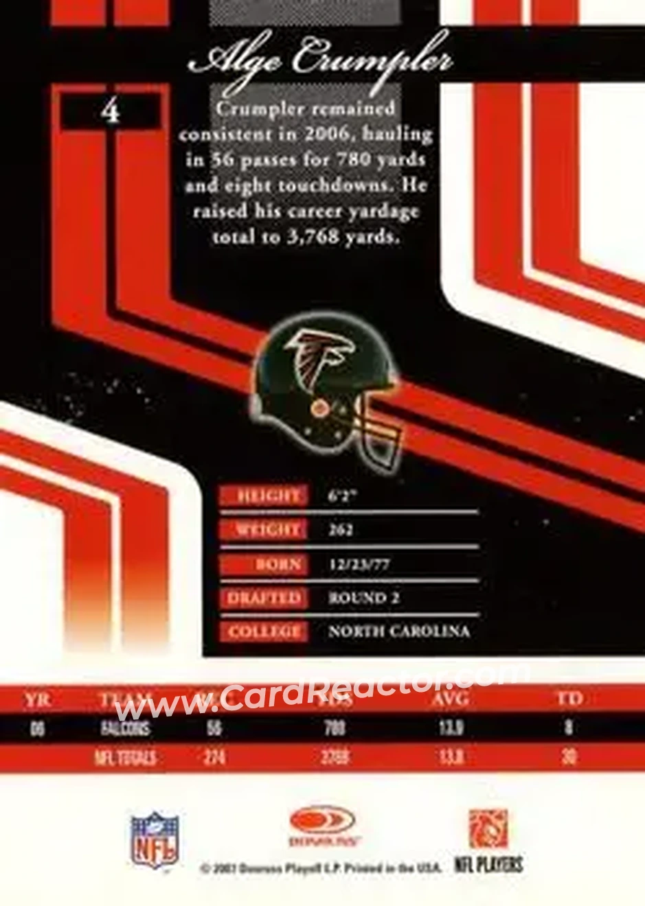2007 Donruss Elite #4 - Alge Crumpler - Atlanta Falcons - Back