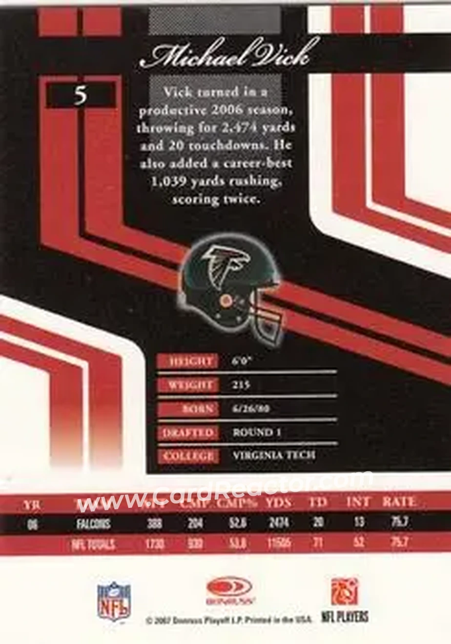2007 Donruss Elite #5 - Michael Vick - Atlanta Falcons - Back