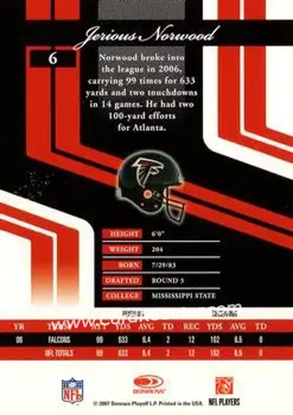 2007 Donruss Elite #6 - Jerious Norwood - Atlanta Falcons - Back