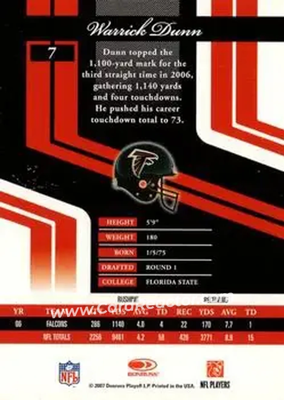 2007 Donruss Elite #7 - Warrick Dunn - Atlanta Falcons - Back