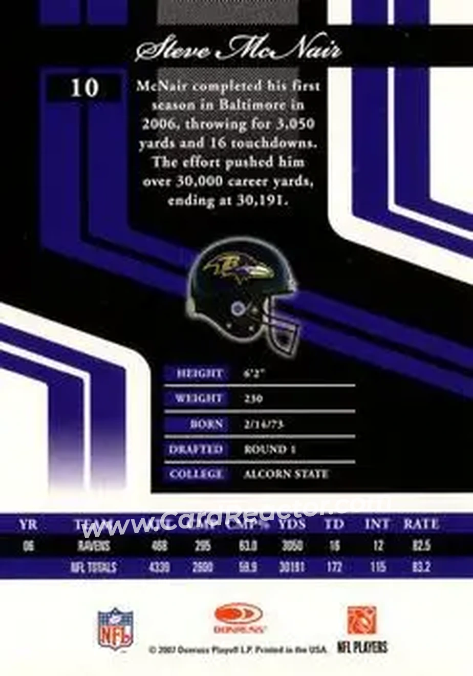 2007 Donruss Elite #10 - Steve McNair - Baltimore Ravens - Back