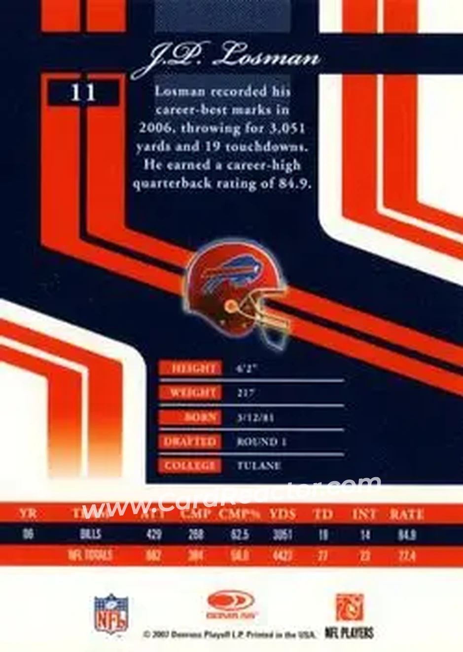 2007 Donruss Elite #11 - J.P. Losman - Buffalo Bills - Back