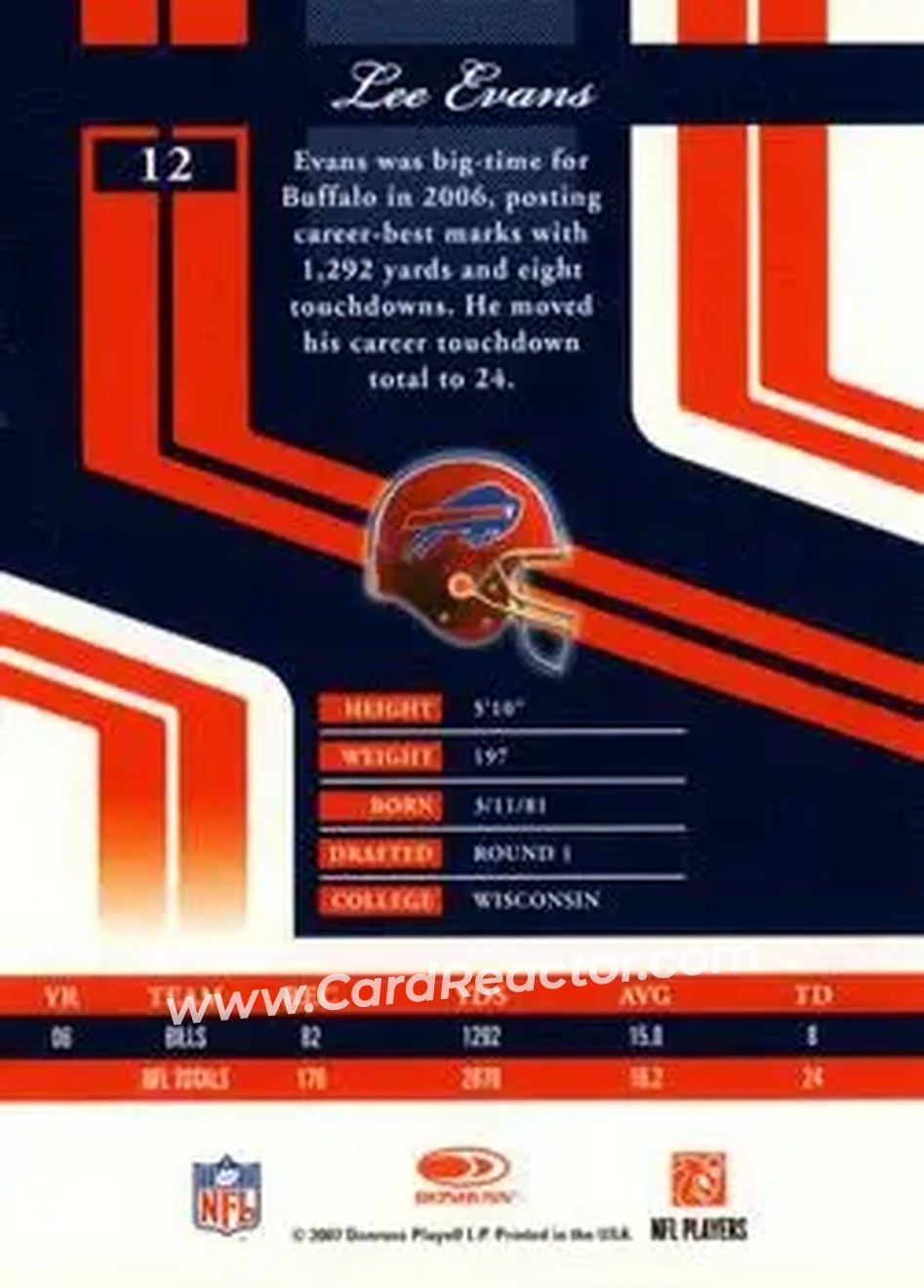 2007 Donruss Elite #12 - Lee Evans - Buffalo Bills - Back