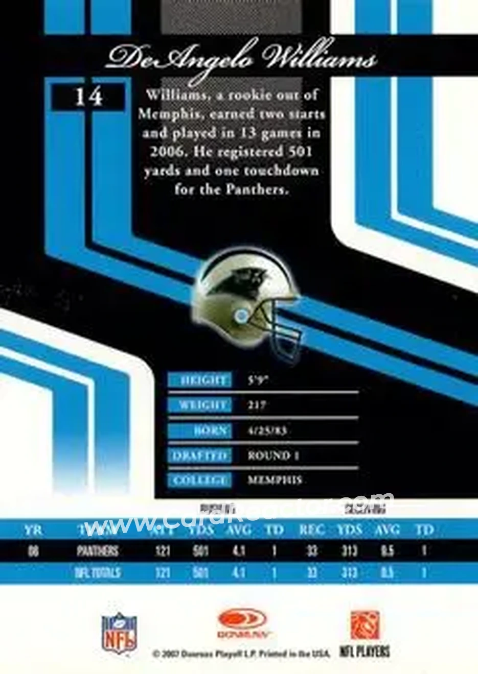 2007 Donruss Elite #14 - DeAngelo Williams - Carolina Panthers - Back