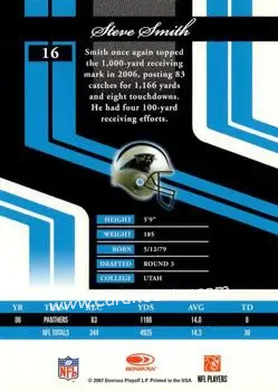 2007 Donruss Elite #16 - Steve Smith Sr. - Carolina Panthers - Back
