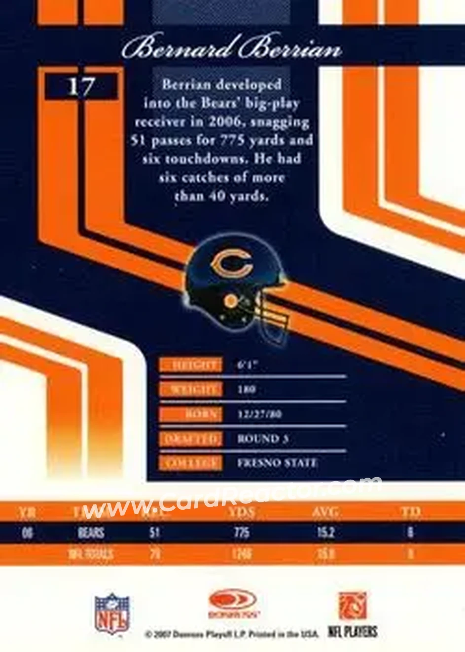 2007 Donruss Elite #17 - Bernard Berrian - Chicago Bears - Back