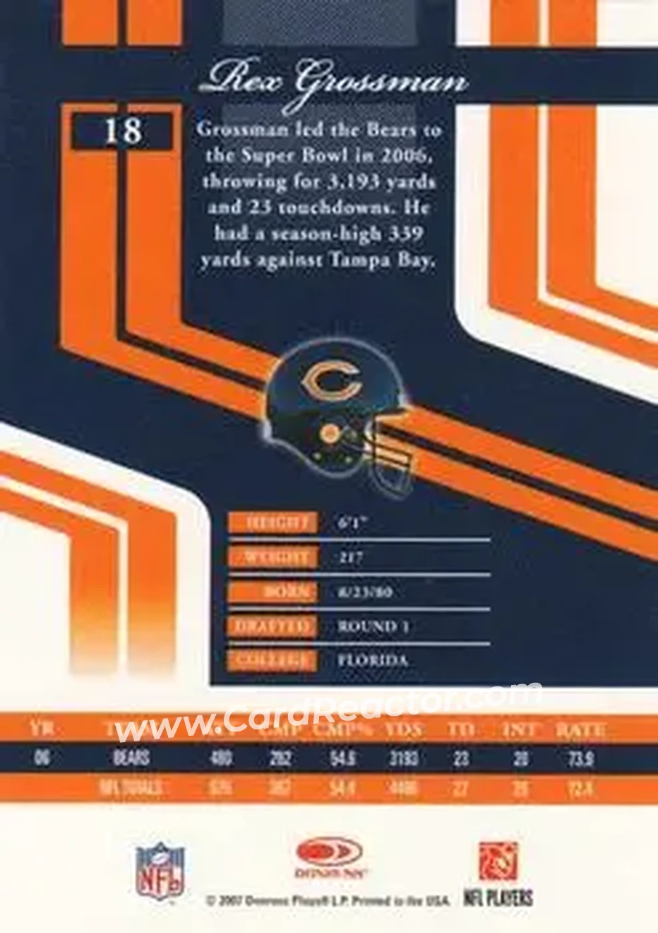 2007 Donruss Elite #18 - Rex Grossman - Chicago Bears - Back