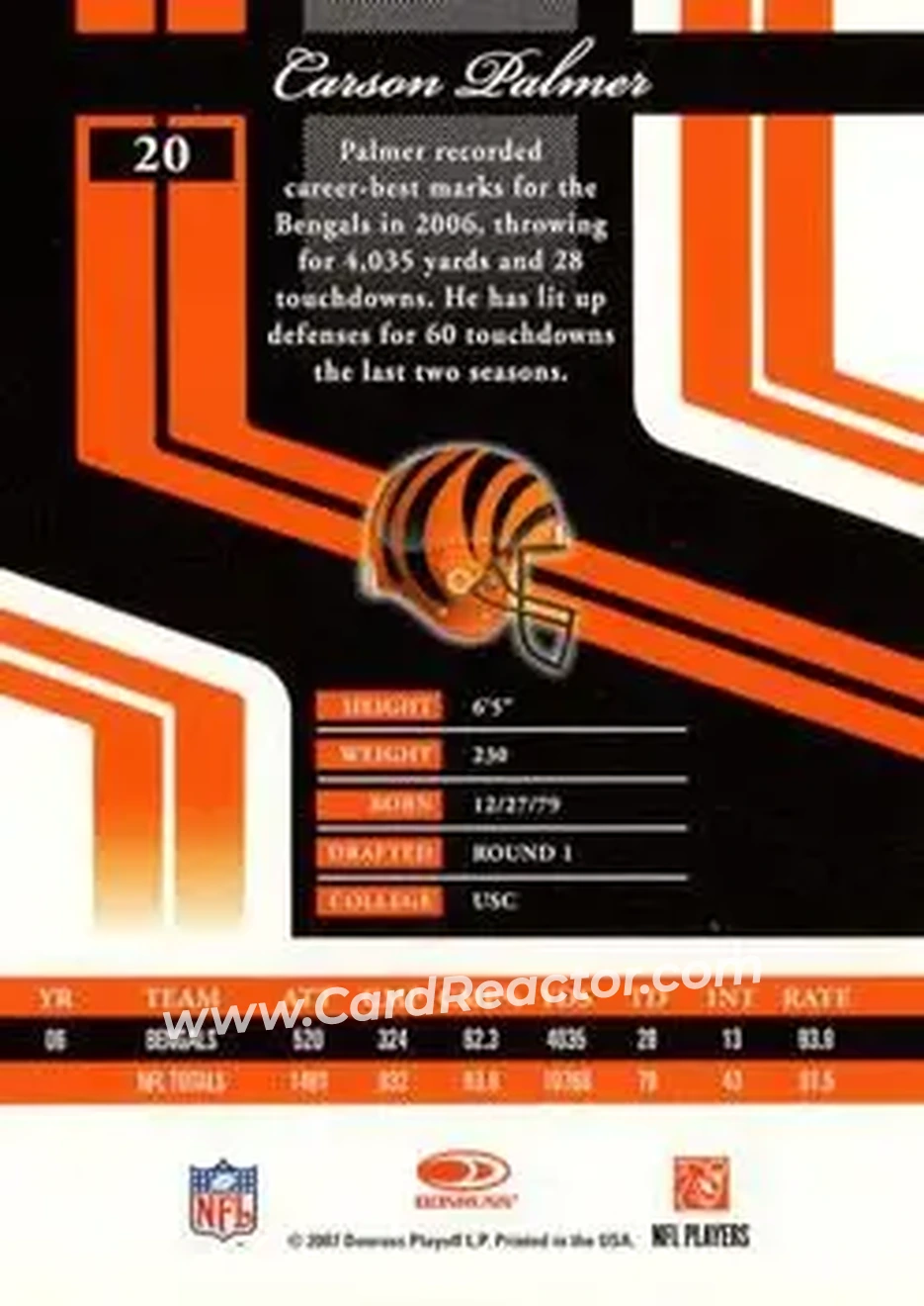 2007 Donruss Elite #20 - Carson Palmer - Cincinnati Bengals - Back