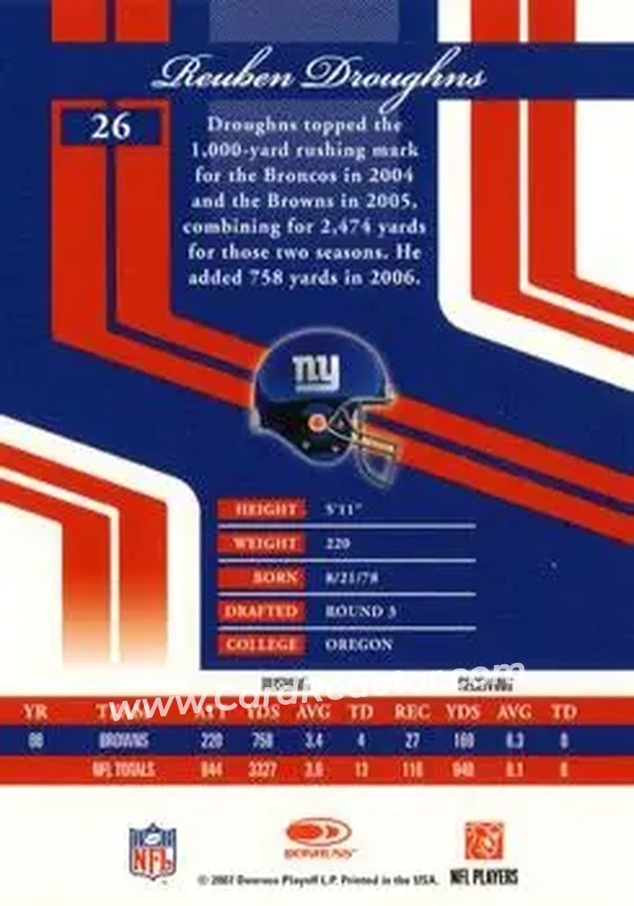 2007 Donruss Elite #26 - Reuben Droughns - New York Giants - Back