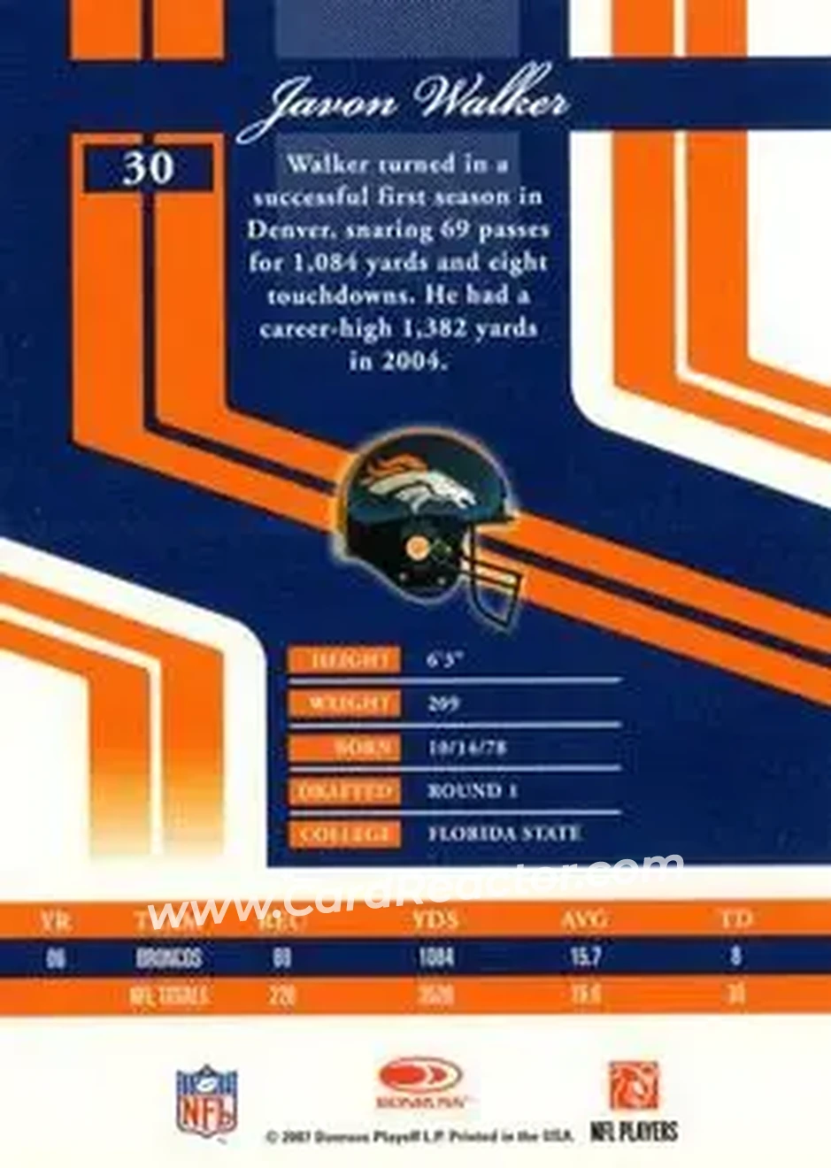 2007 Donruss Elite #30 - Javon Walker - Denver Broncos - Back