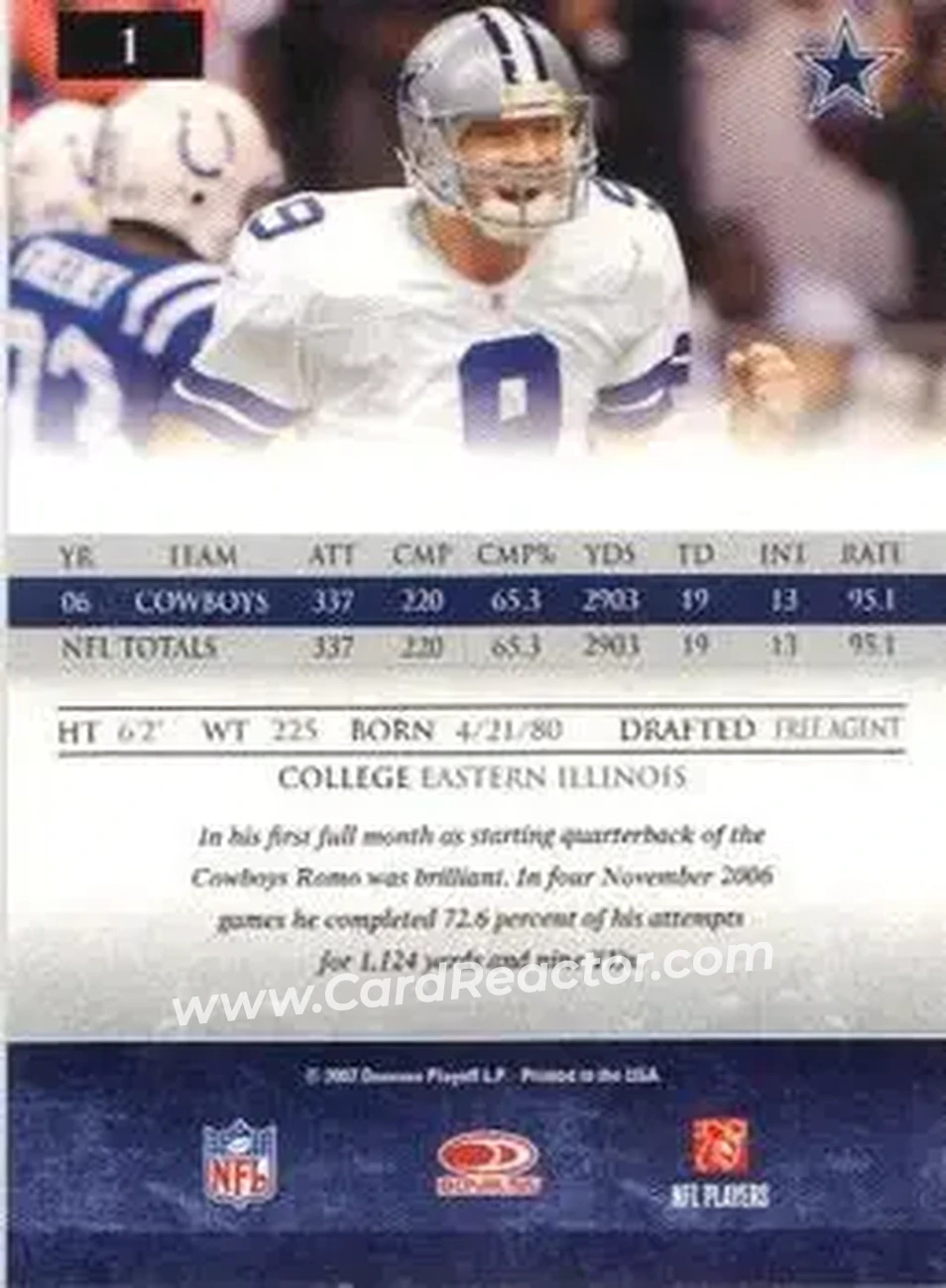 2007 Donruss Gridiron Gear #1 - Tony Romo - Dallas Cowboys - Back