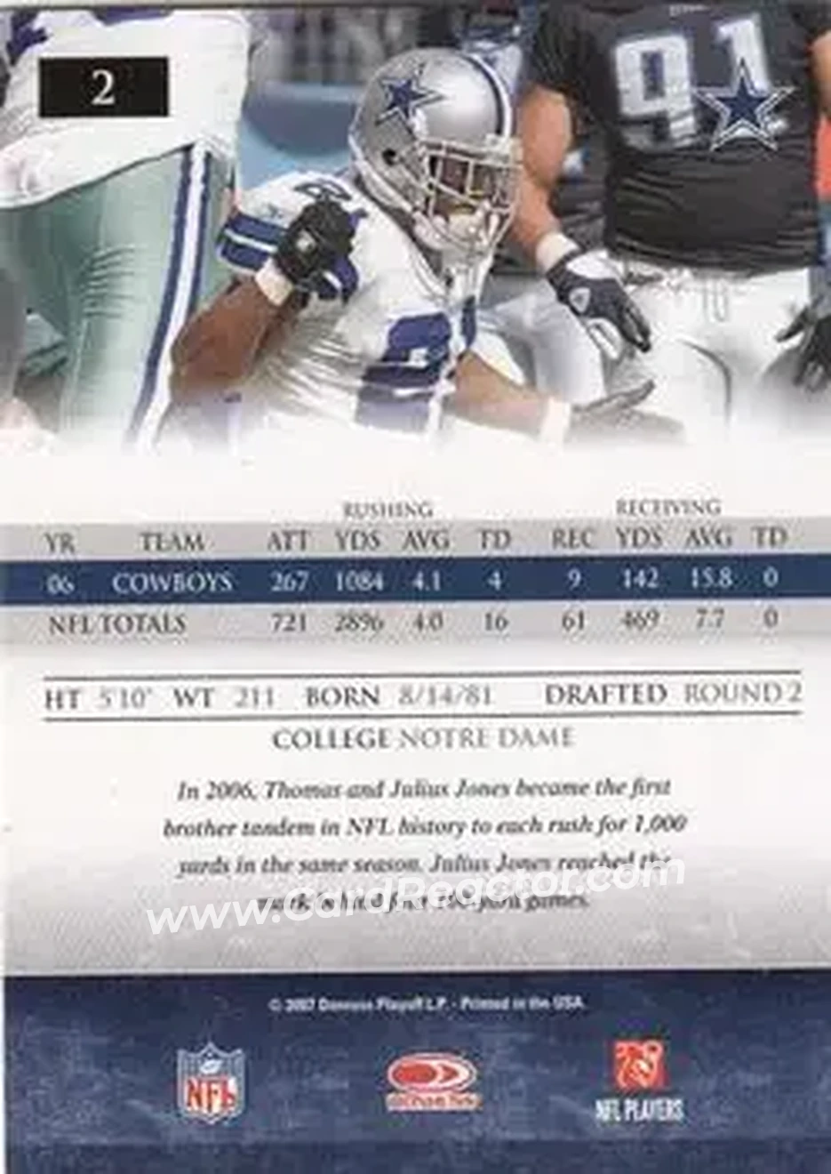 2007 Donruss Gridiron Gear #2 - Julius Jones - Dallas Cowboys - Back