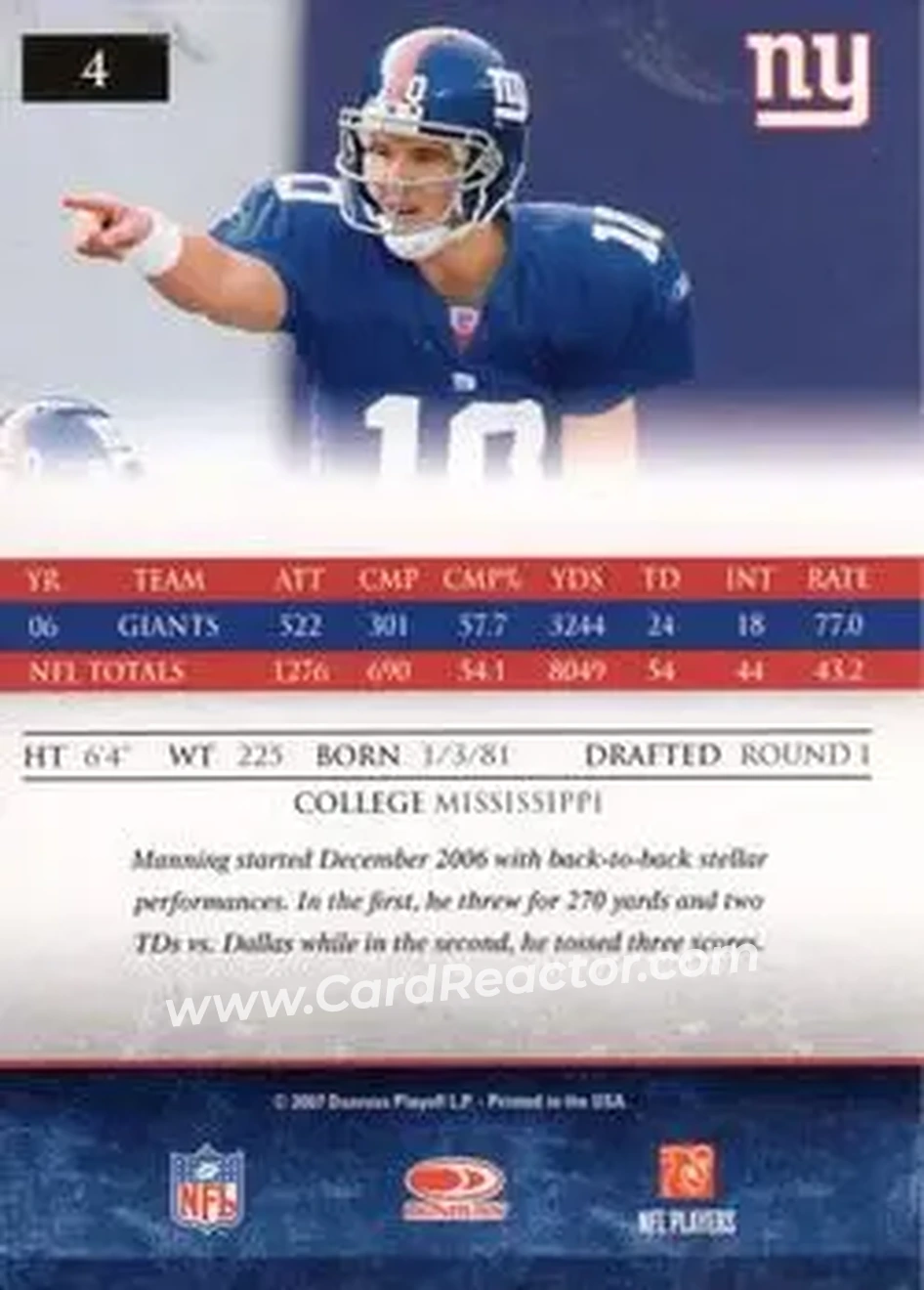 2007 Donruss Gridiron Gear #4 - Eli Manning - New York Giants - Back