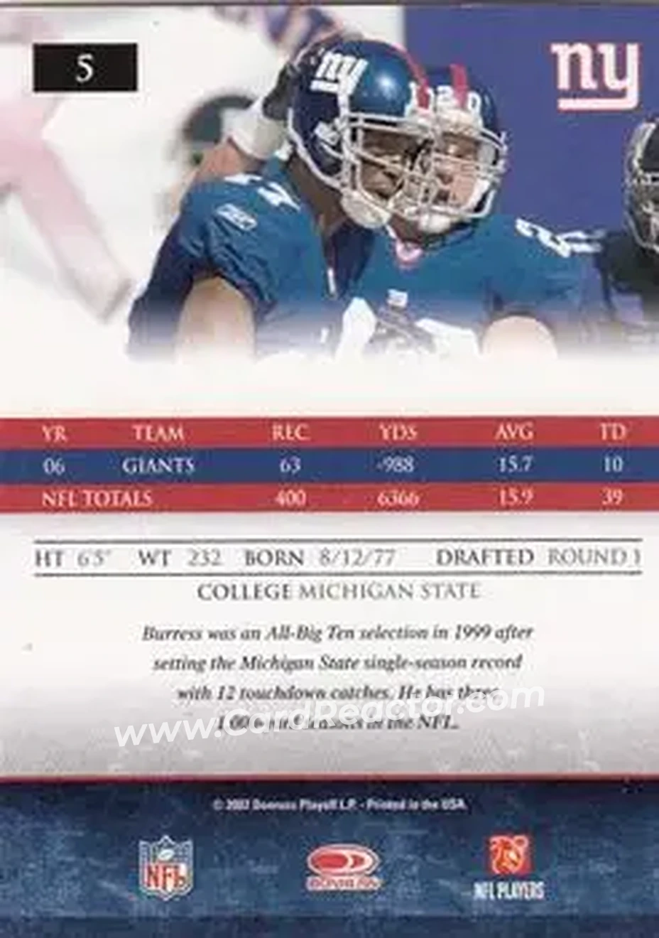 2007 Donruss Gridiron Gear #5 - Plaxico Burress - New York Giants - Back
