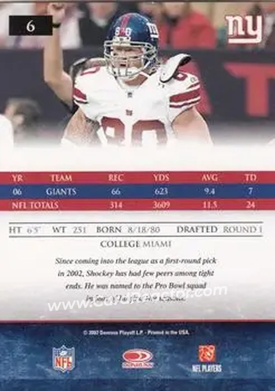 2007 Donruss Gridiron Gear #6 - Jeremy Shockey - New York Giants - Back