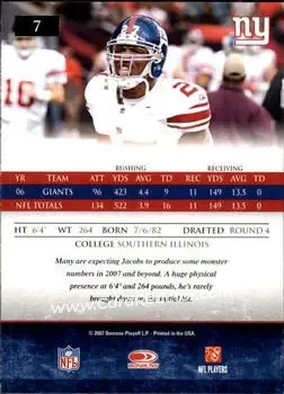 2007 Donruss Gridiron Gear #7 - Brandon Jacobs - New York Giants - Back