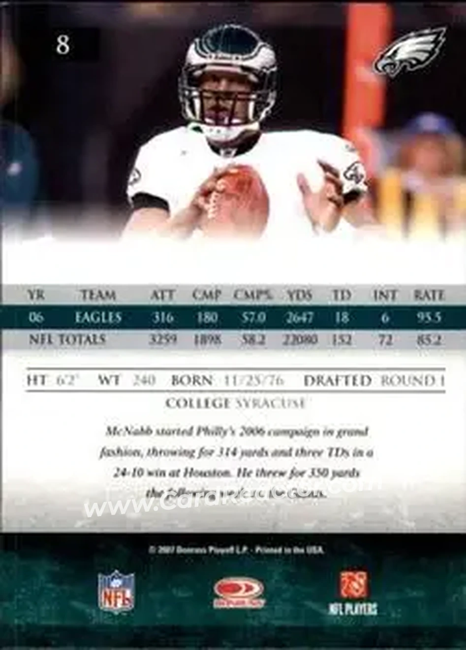 2007 Donruss Gridiron Gear #8 - Donovan McNabb - Philadelphia Eagles - Back 2007 Donruss Gridiron Gear #8 - Donovan McNabb - Philadelphia Eagles - Back
