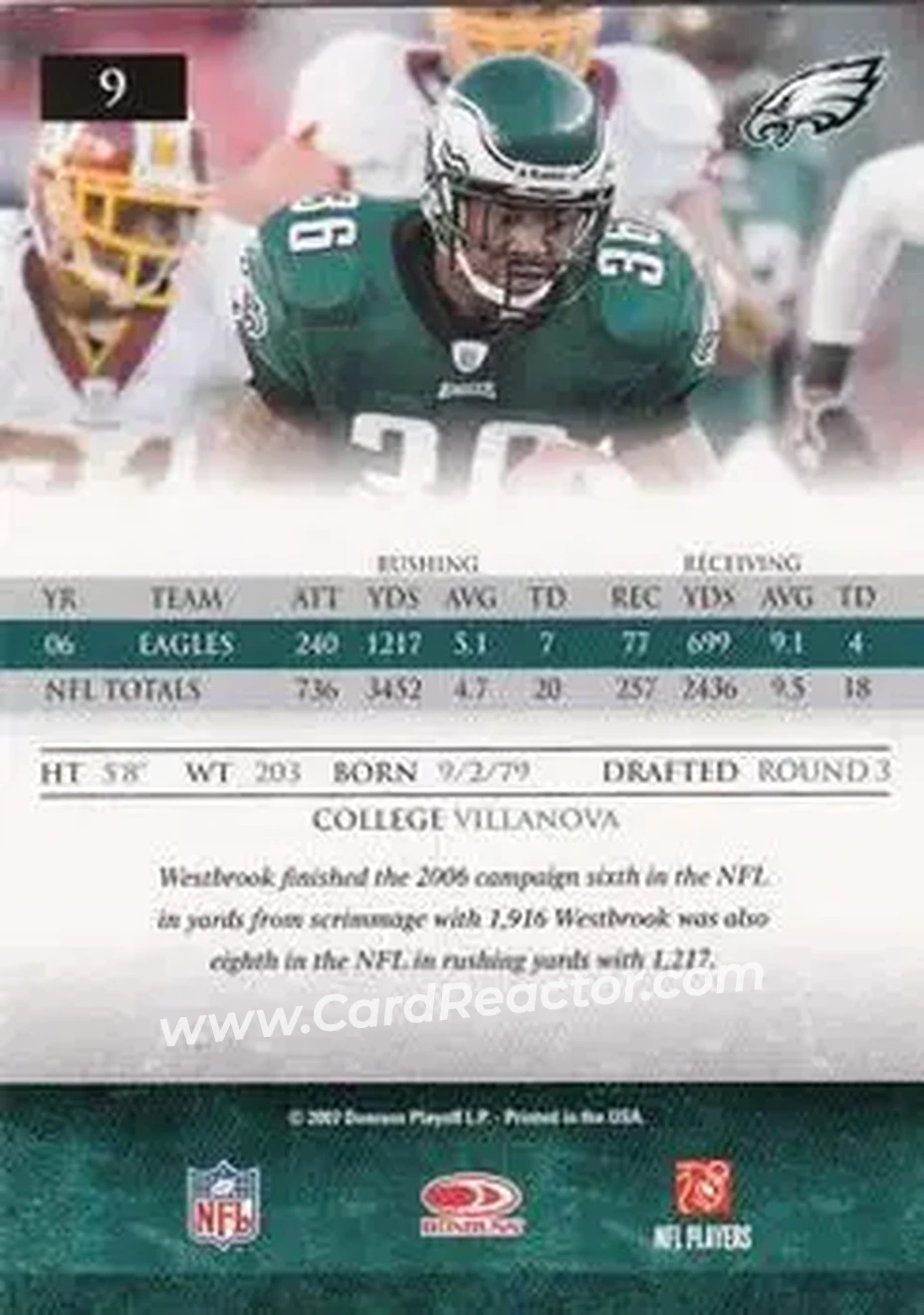 2007 Donruss Gridiron Gear #9 - Brian Westbrook - Philadelphia Eagles - Back