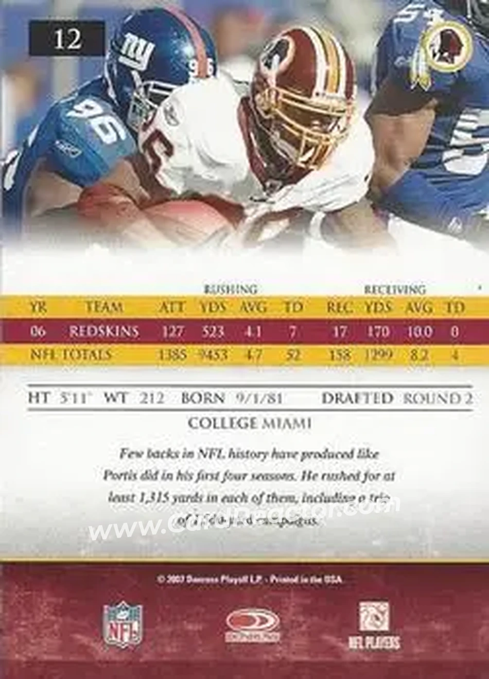 2007 Donruss Gridiron Gear #12 - Clinton Portis - Washington Redskins - Back