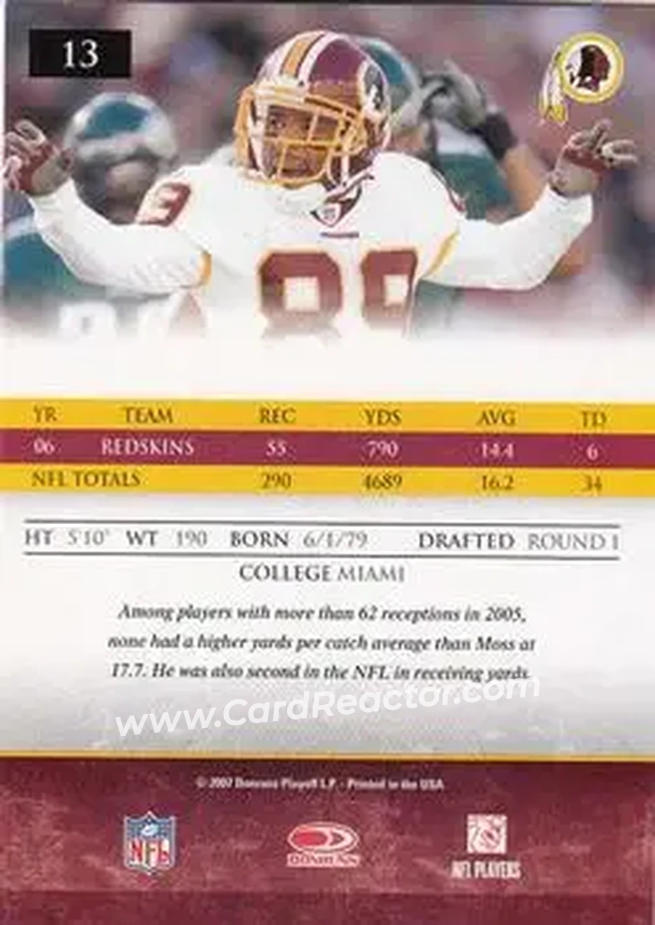 2007 Donruss Gridiron Gear #13 - Santana Moss - Washington Redskins - Back