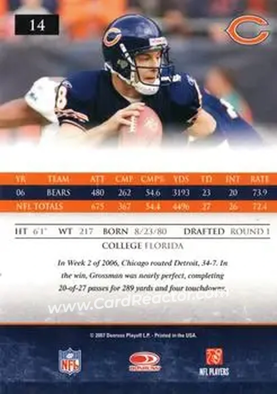 2007 Donruss Gridiron Gear #14 - Rex Grossman - Chicago Bears - Back