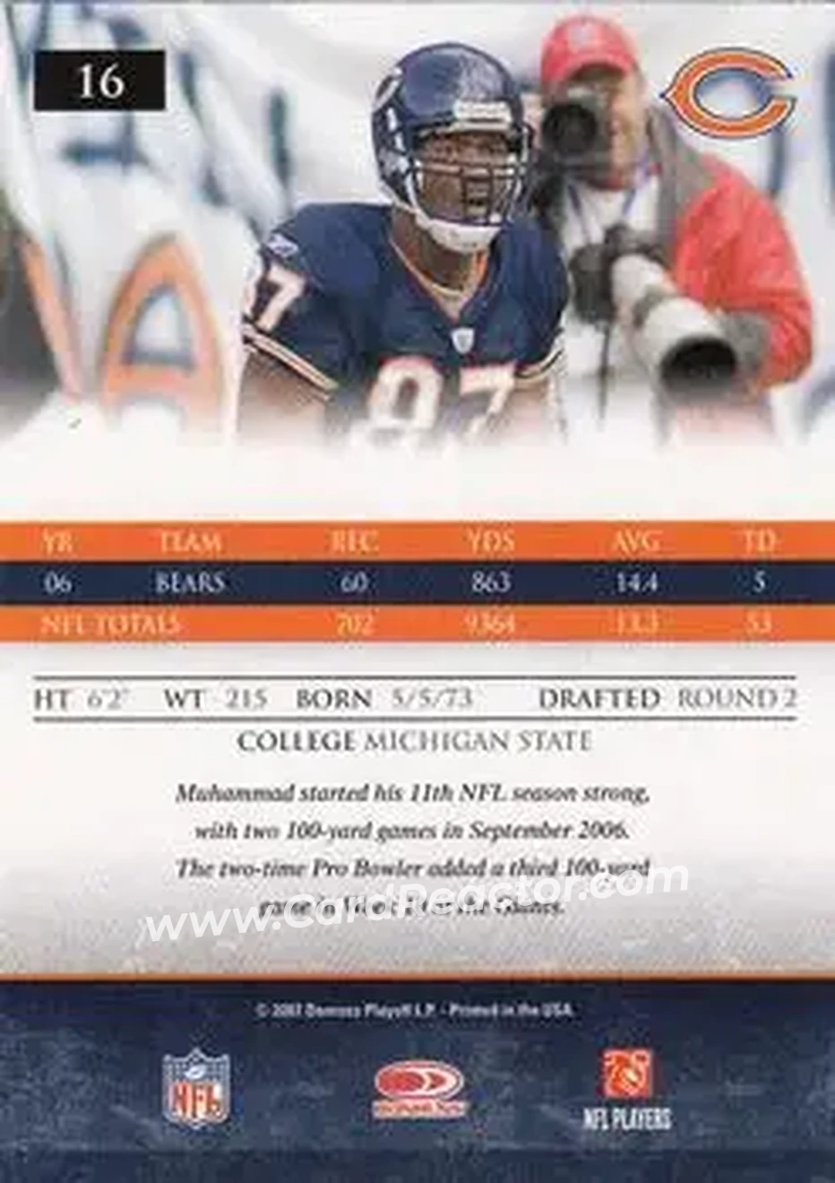 2007 Donruss Gridiron Gear #16 - Muhsin Muhammad - Chicago Bears - Back