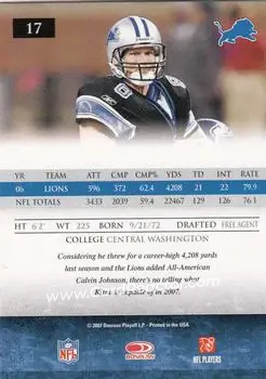 2007 Donruss Gridiron Gear #17 - Jon Kitna - Detroit Lions - Back