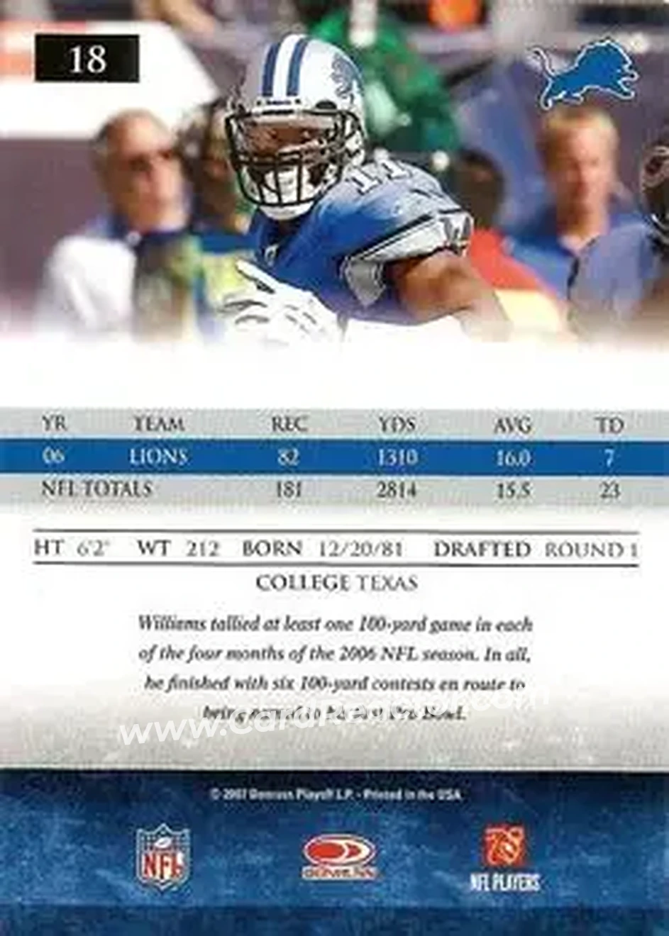 2007 Donruss Gridiron Gear #18 - Roy Williams - Detroit Lions - Back